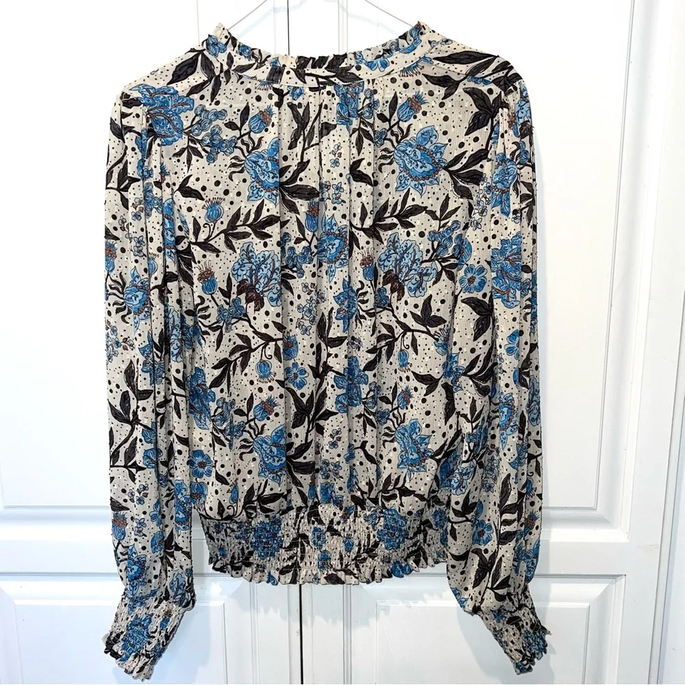 Joie Blue Floral Smocked Peasant Blouse Medium - Picture 5 of 8